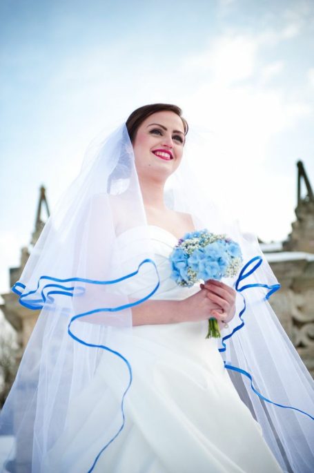 Blue satin ribbon veil