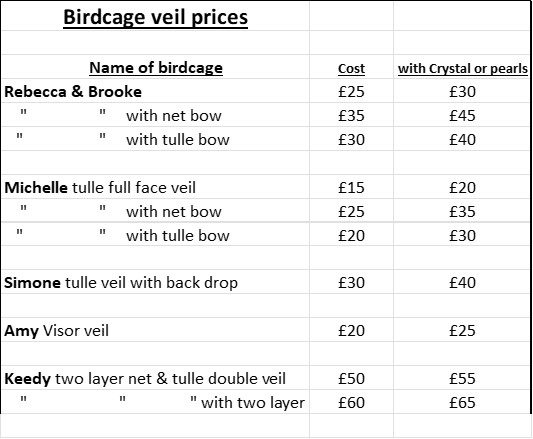 List of prices for the birdcage veils