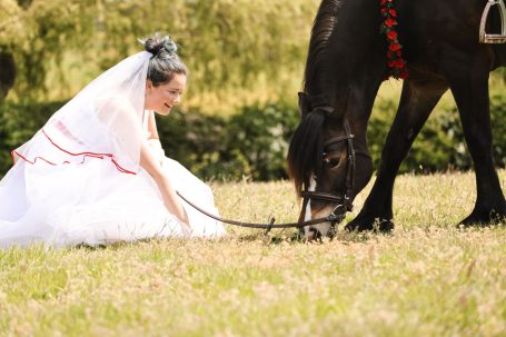 Red satin ribbon veil